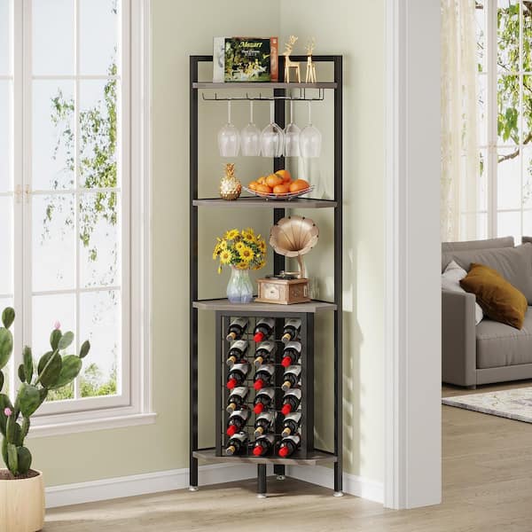 BYBLIGHT Kearsten 4-Tier Gray Corner Wine Rack with Glass Holder and Storage Shelf