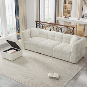 87.7 in. L Shaped Cozy Teddy Fleece Fabric Sectional Sofa in Creamy White with Storage Ottoman and Handy USB Ports