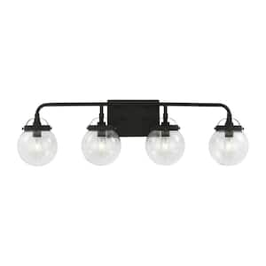 Bryce 30 in. 4-Light Black Modern Industrial Bathroom Vanity Light with Clear Round Globe Glass Shades
