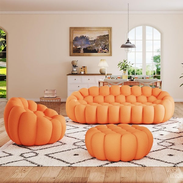 Magic Home (Set of 3) Bubble Curved Sofa, 98.4 in. Mesh Fabric Modern 3-Seater Sectional Sofa Set with Chair and Ottoman in Orange