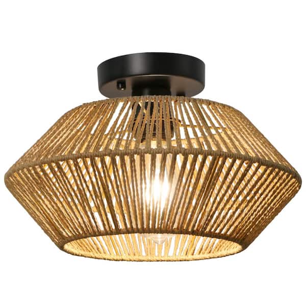 Unbranded 12.79 in. 1-Light Bohemian Black Canopy Rattan Semi Flush Mount Ceiling Light for Dining Room Kitchen Island Bedroom