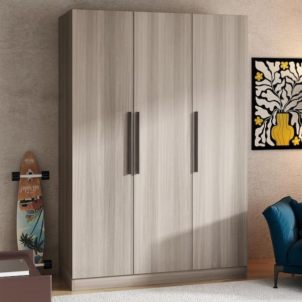 Gray Wood 47.2 in. W 3-Door Armoires Wardrobe with Hanging Rod and Storage Shelves (70 in. H x 18.9 in. D)