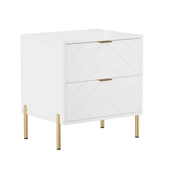 Clihome White 2 Drawer Nightstand with Metal Support Legs