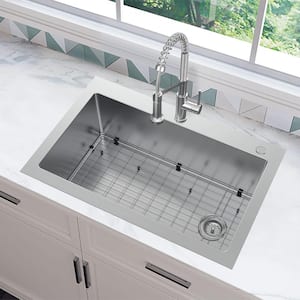 Tight Radius 33 in. Drop-In Single Bowl 18 Gauge Stainless Steel Kitchen Sink with Accessories