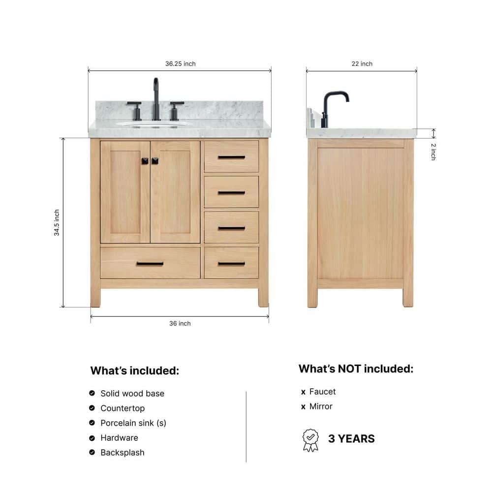 Oak Freestanding Vanity with Carrara Marble Top and Black Hardware