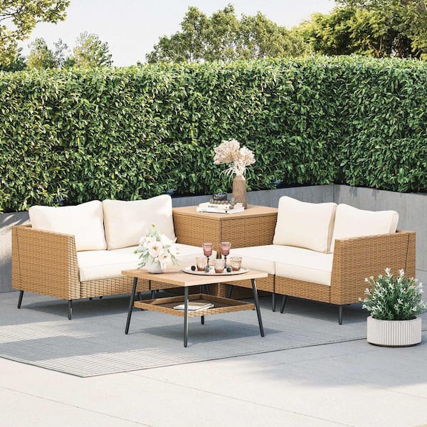 Tan 6-Piece Wicker Outdoor Sectional with Beige Cushions