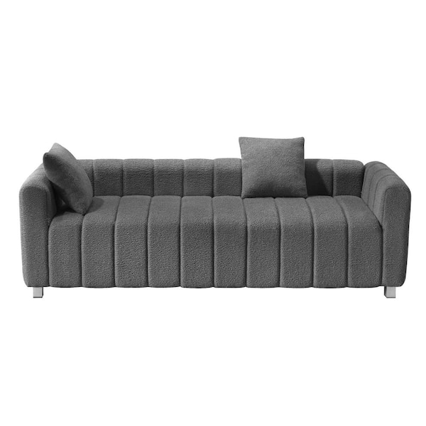 Polibi 82 in. Square Arm Fabric Rectangle Sofa with Striped Decoration in Gray