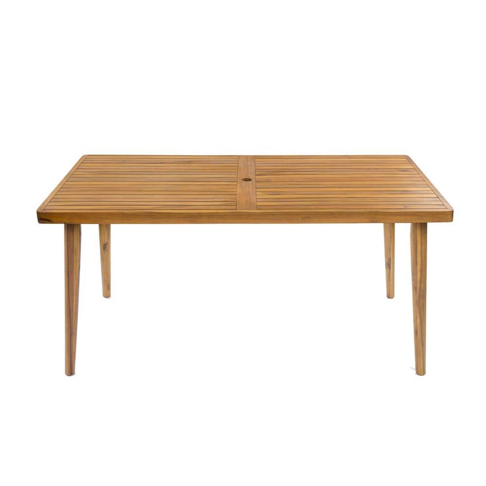 Ovrin Modern Outdoor Patio Dining Table with Umbrella Hole, Acacia Wood, Teak