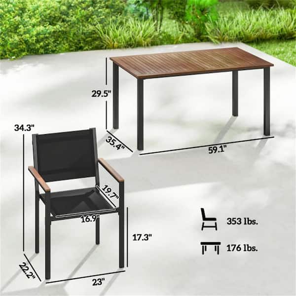5-Piece Acacia Wood Outdoor Dining Set with Teak Table and 4 Black