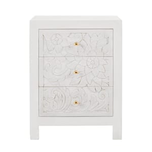 Nadia Carved 3-Drawer Whitewash Nightstand (30 in. H x 23 in. W x 17 in. D)
