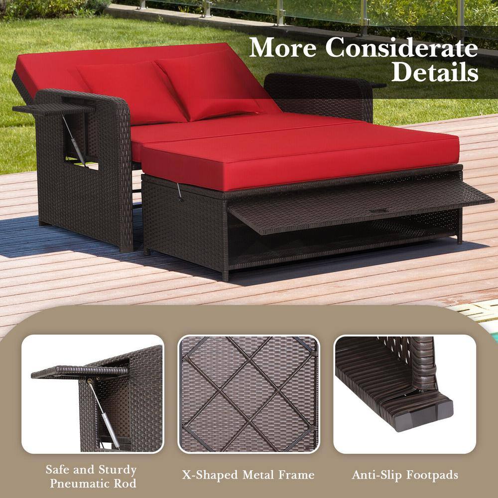 Red Adjustable Rattan Loveseat with Multifunctional Ottoman
