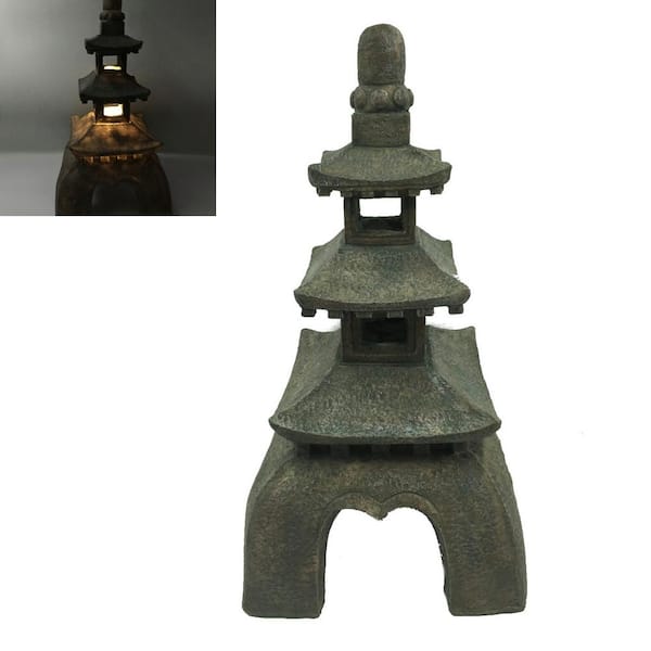 1-Light 16 in. Tall Integrated LED Solar Powered Pagoda Decor Garden in Brown