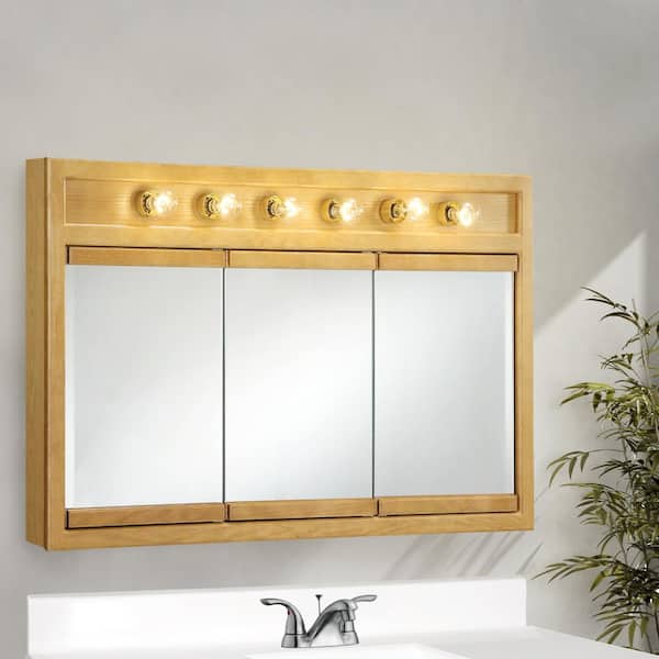 Richland 48 in. W x 30 in. H x 5 in. D Framed 6-Light Tri-View Surface-Mount Bathroom Medicine Cabinet in Nutmeg Oak Richland 48 in. W x 30 in. H x 5 in. D Framed 6-Light Tri-View Surface-Mount Bathroom Medicine Cabinet in Nutmeg Oak