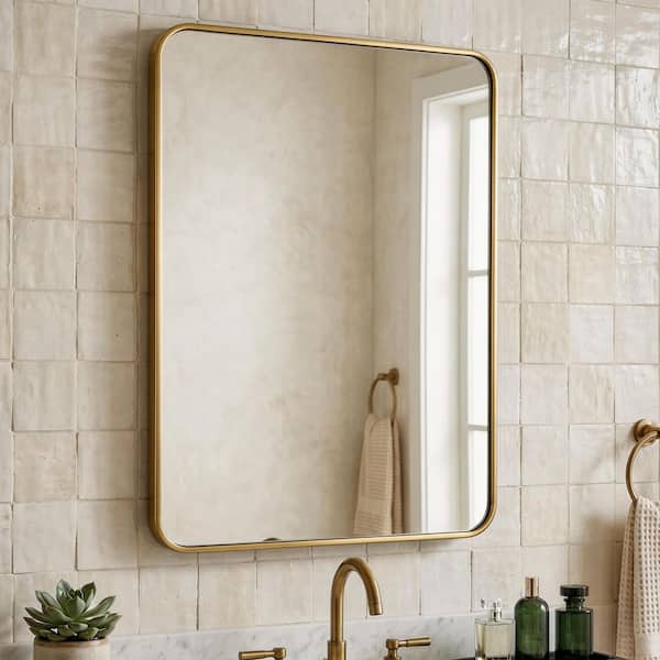 Gold 24 in. W x 36 in. H Metal Rectangular Frameless Wall Mount Bathroom Vanity Mirror, Makeup Mirror