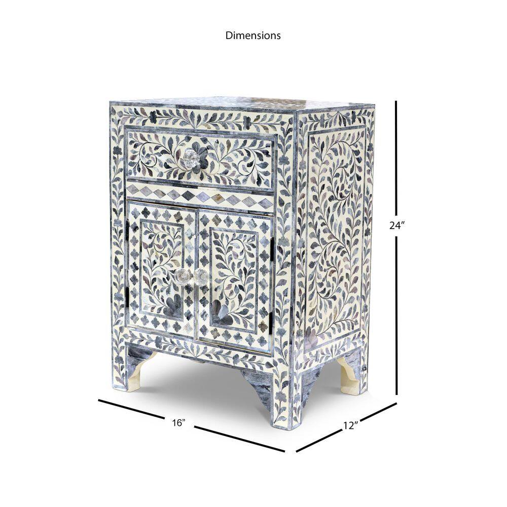 Lilac Gray Floral Vine Motif Hand-Inlaid Bone Accent Chest