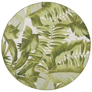 Barbados Ivory/Green 7 ft. x 7 ft. Round Multi-Leaf Tropical Indoor/Outdoor Area Rug