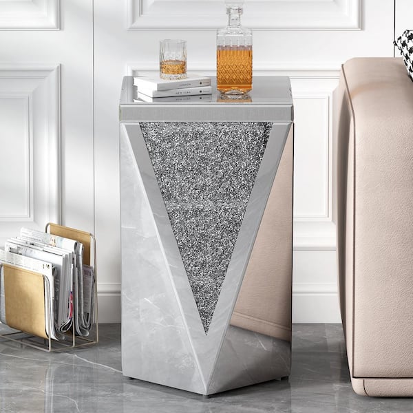 Unbranded 13.8 in. W Silver Square Glass End Table, Modern Side Table with Crushed Diamond for Living Room, No Assembly Required