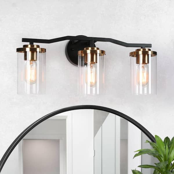 Zevni 21 in. 3-Light Modern Brass Gold Bathroom Vanity Light, DIY Black Bath Light, Farmhouse Wall Sconce with Clear Glass