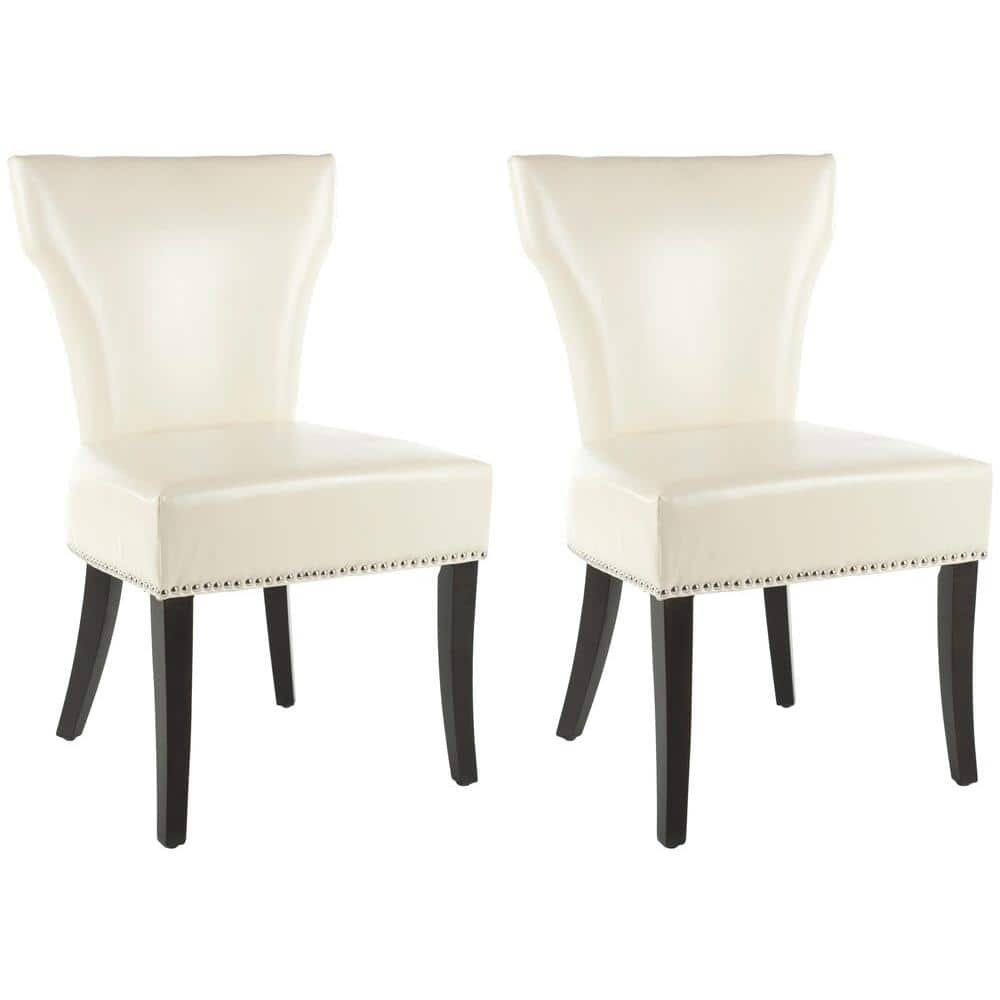 Transitional Flat Cream Leather Parsons Side Chair with Wood Accents