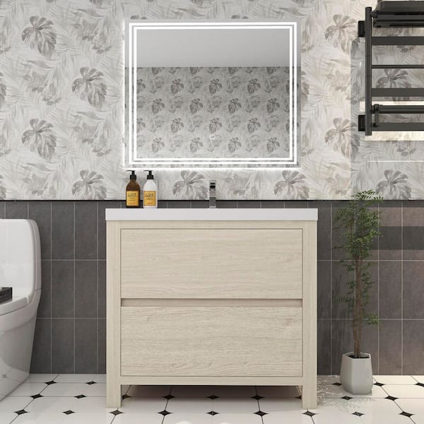Louis 36 in. W x 20 in. D x 35 in. H Single Sink Freestanding Bath Vanity in Light Wood with White Acrylic Top