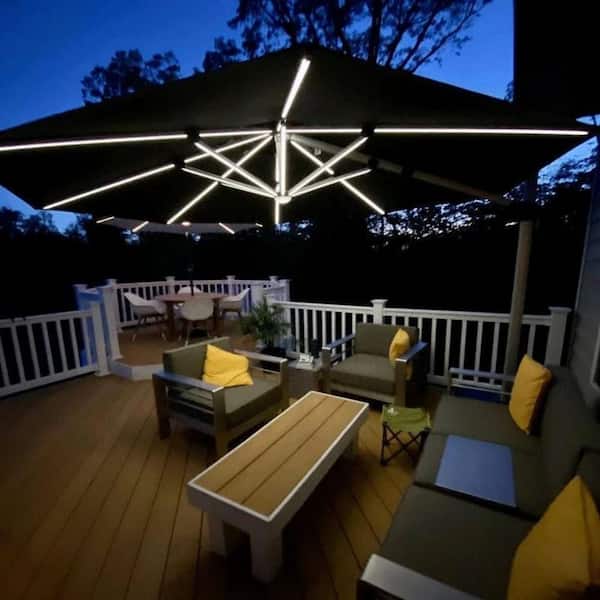 11 ft. Octagon Solar powered LED Patio Umbrella Outdoor Round Large Cantilever Umbrella Heavy Duty Sun Umbrella in Gray