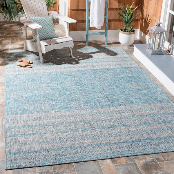 Courtyard Aqua/Gray 7 ft. x 7 ft. Aztec Striped Indoor/Outdoor Patio  Square Area Rug