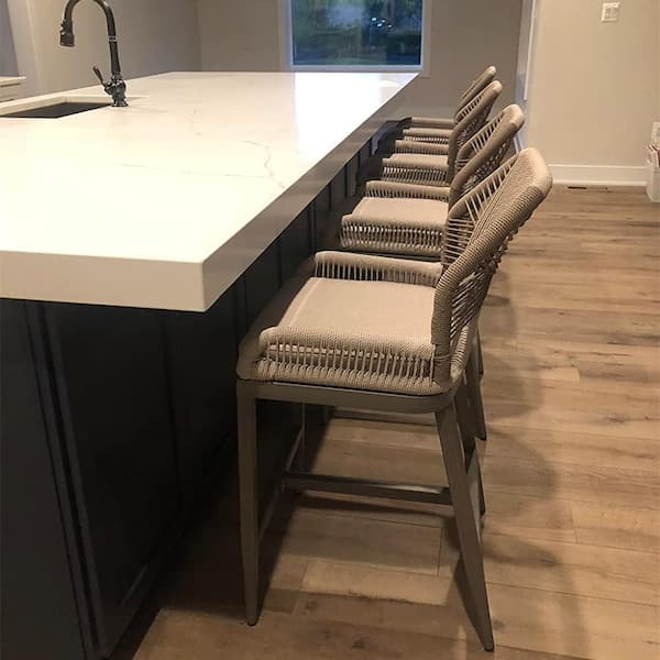 Modern Aluminum Twill Wicker Woven Bar Height Outdoor Bar Stool with Back and Beige Cushion (4-Pack)