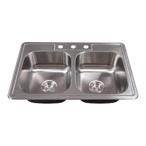 Overmount Drop-In 33 in. Satin Double Bowl 18-Gauge Stainless Steel Kitchen Sink with Strainer