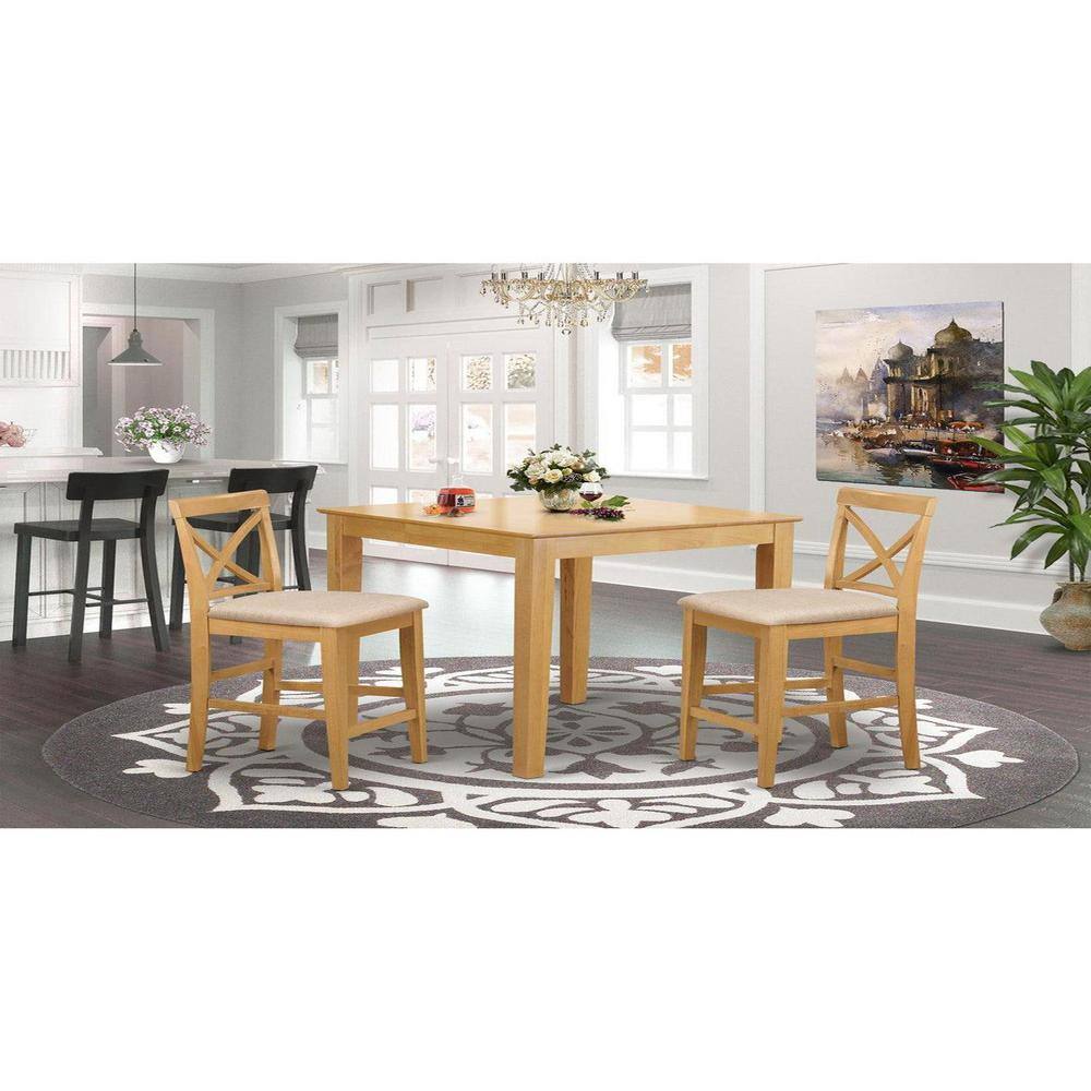 3-Piece Natural Brown Oak Finish Solid Wood Top Counter Height Dining Table Set