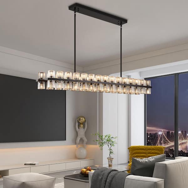 PUYRNF 60-Light 54 in. Black Crystal Chandelier Dimmable LED Kitchen Island Rectangle Bedrooms, Living Rooms (Includes Bulbs)