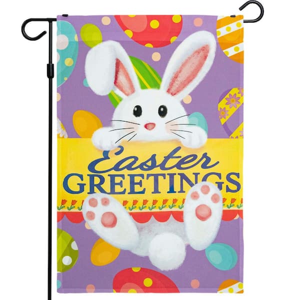 1 ft. x 1.5 ft. Polyester Easter Greetings with White Bunny and Eggs 2-Sided Garden Flag Printed