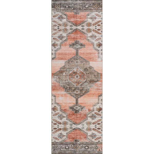 Sia SplashGuard Vintage Southwestern Machine Washable Area Peach 3 ft. x 12 ft. Indoor Runner Rug