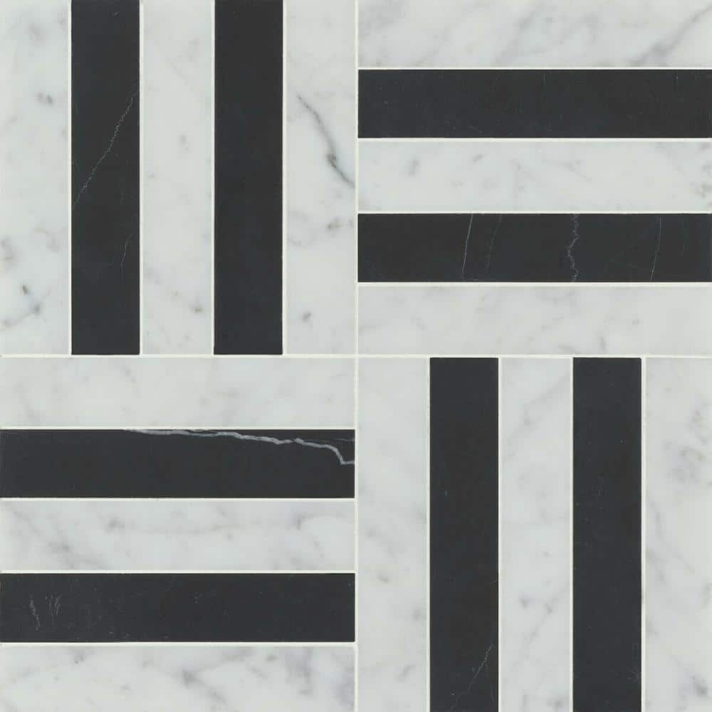 Sample-Matisse 4 in. x 5 in. Honed White Carrara Nero Marquina Marble Mosaic Subway Tile price history on PriceWatchPro