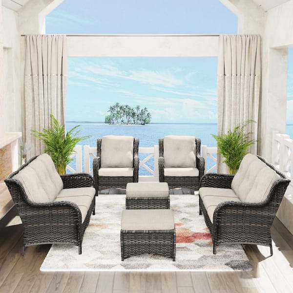 Gardenbee 6-Piece Wicker Outdoor Patio Conversation Lounge Chair Sofa Set with Beige Cushions and Ottomans