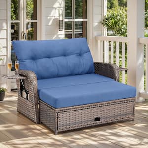 Brown Wicker Outdoor Day Bed with Blue Cushions and Matching Ottomans Multi-Functional Loveseat with Adjustable Backrest