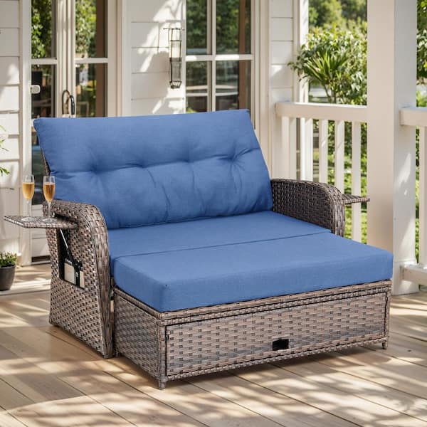 Brown Wicker Outdoor Day Bed with Blue Cushions and Matching Ottomans Multi-Functional Loveseat with Adjustable Backrest