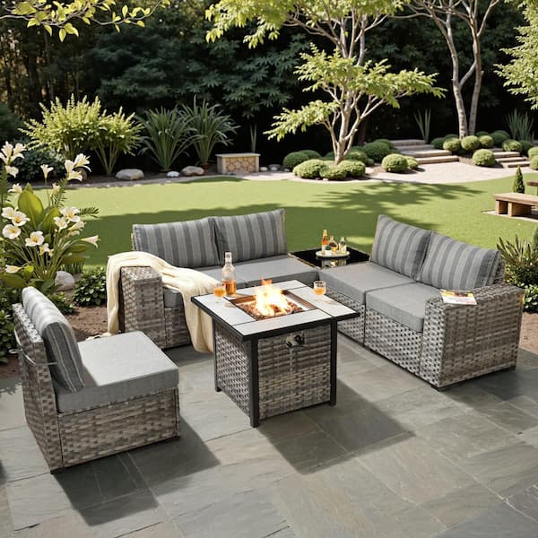 Baldwin Gray 7-Piece Wicker Wide Arm Outdoor Patio Sofa Sectional Set with Square Fire Pit and Gray Striped Cushions