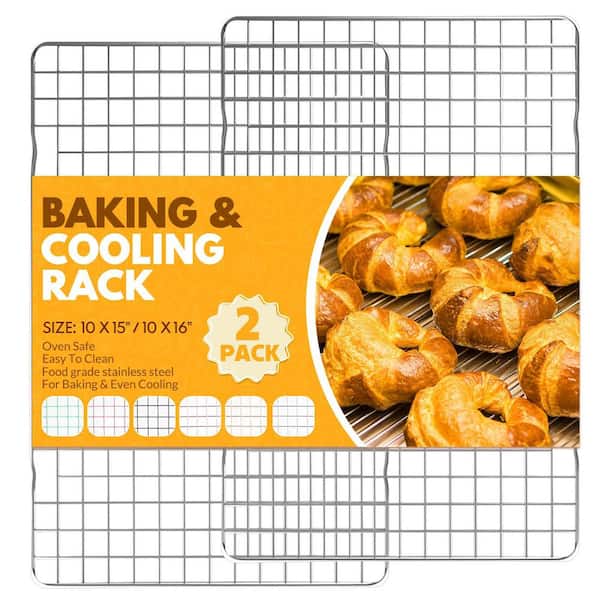 Stainless Steel Silver Cooling Rack for Baking 2-Pack, 15x10 Inches Oven Safe Wire Rack Fits Sheet Pans