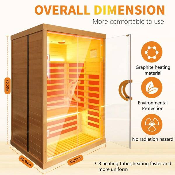 Aoibox - 2-Person Occupancy Indoor Hemlock Wood Far Infrared Double Glass Family Sauna Room with Dual Audio Bluetooth, Graphene