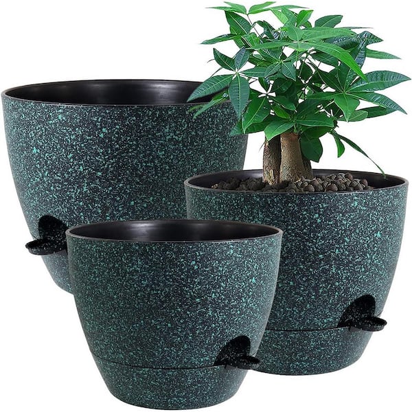 ITOPFOX Garden 12 in. L x 12 in. W x 7.5 in. H Black with Green Speckles Plastic Round Indoor Planter (3-Pack)