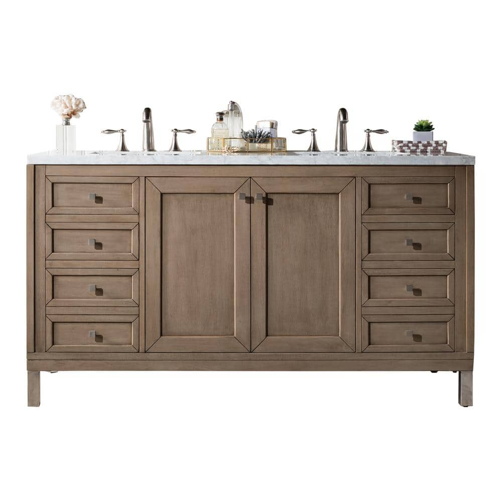 Chicago 60 in. W x in2.D x 33.8 in. H Double Bath Vanity in Whitewashed Walnut with Marble Top in Carrara White -  James Martin Vanities, 305V60DWWW3CAR