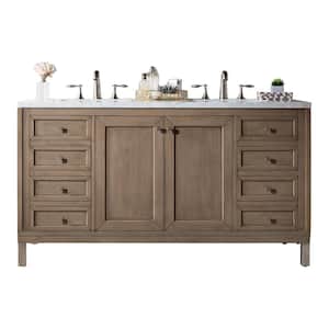 Chicago 60 in. W x in2.D x 33.8 in. H Double Bath Vanity in Whitewashed Walnut with Marble Top in Carrara White