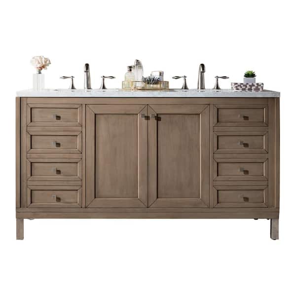 James Martin Vanities Chicago 60 in. W x in2.D x 33.8 in. H Double Bath Vanity in Whitewashed Walnut with Marble Top in Carrara White