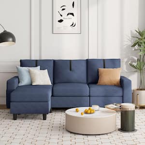 80.32 in. W Square Arm 2-Piece Fabric L-Shaped 3-Seat Sectional Sofa in Blue with Side Storage Pockets