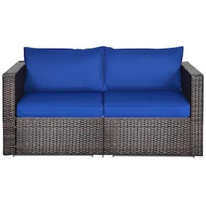 PE Wicker Outdoor Loveseat with Navy Cushions