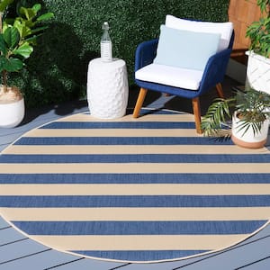 Courtyard Beige/Blue 7 ft. Round Awning Stripe Indoor/Outdoor Area Rug