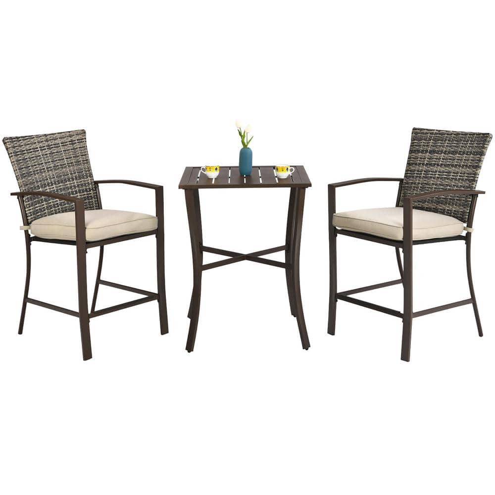 Brown Rattan and Steel 2-Person Patio Bar Set with Cushioned Stools