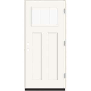 36 in. x 80 in. Left-Hand Craftsman 3 Lite Clear Glass Modern White Fiberglass Prehung Front Door