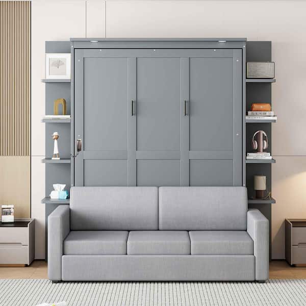 Gray Wood Frame Queen Size Murphy Bed with Sofa
