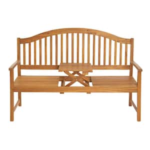 59 in. Acacia Wood Outdoor Patio Bench with Built-in Table Park Bench Garden Bench